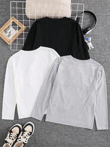 SHEIN 3件套男童休闲字母印花T恤，黑色、白色、绿色，适合通勤、上学、日常休闲穿着、运动以及秋冬季穿着。 - 彩色 - 查看 2