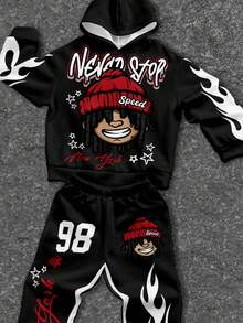 SHEIN 2pcs/Set Tween Boy Casual Loose Hoodie Long Sleeve Top And Wide Leg Pants, Classic Cool Street Graphic Print, Y2K Style, Suitable For Autumn/Winter - Multicolor - View 3