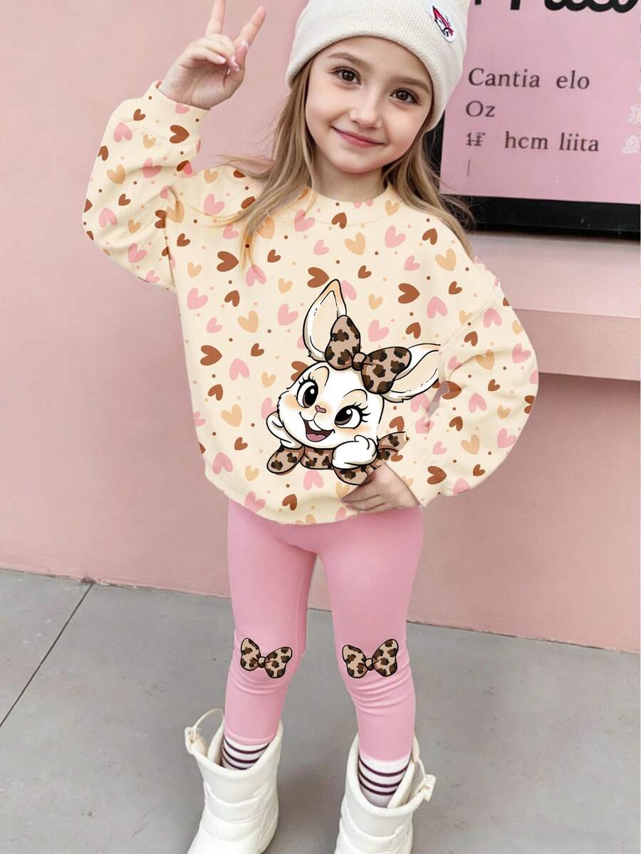Cozy Fall & Winter Styles Young Girls Casual Fashion Creative Personalized Fresh Chic Minimalist Brown Leopard Print Rabbit Leopard Print Bow Heart Star Dot Pattern Print Casual Basic Crew Neck Sweatshirt And Leggings Set, Comfortable Outfit