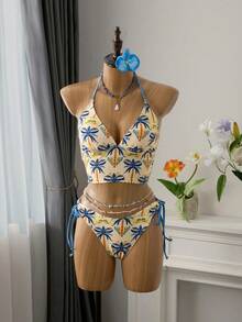 Bellisia 女士两件套亲肤随机印花露背吊带上衣和侧边抽绳泳裤沙滩度假泳衣套装，春夏款 - 彩色 - 查看 1