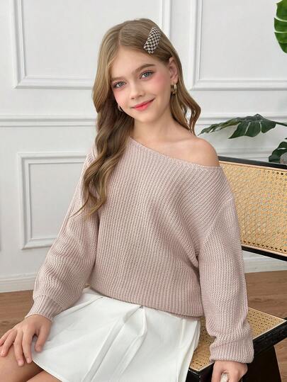 SHEIN Suéter de manga larga con cuello asimétrico de unicolor para niñas preadolescentes, adecuado para otoño e invierno, de vuelta al colegio