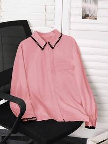 SHEIN LUNE Plus Size Color Block Drop Shoulder Long Sleeve Front Button Casual Elegant Versatile Shirt - Pink - View 3