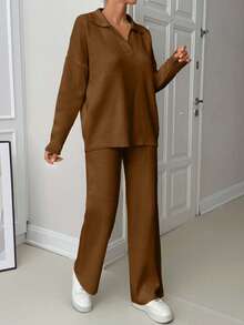 EURMUSE Woman Loose Fit Comfy Warm Thick Polo Neck Sweater And Pants Co-Ords Two Pieces Set - Camel - View 4