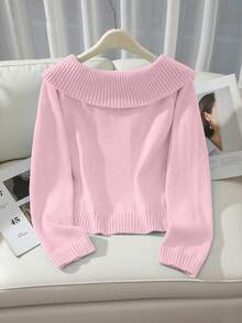 Franclia Button Decor Solid Color Knit Casual Long Sleeve Versatile Off Shoulder Sweater - Pink - View 2