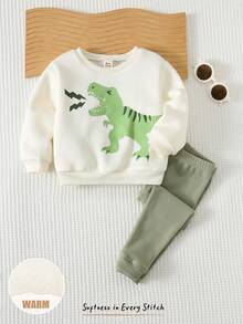 Cozy Pixies Bộ đồ 2 món cho bé trai in hình động vật hoạt hình, chất liệu mềm mại, cổ tròn, tay dài và quần cạp chun, lót giữ nhiệt, họa tiết khủng long, trang phục thường ngày thoải mái cho mùa đông, quần áo bé trai, quần áo khủng long, áo tay dài, bộ đồ thường ngày cho bé trai. - xanh quân đội - Xem 3