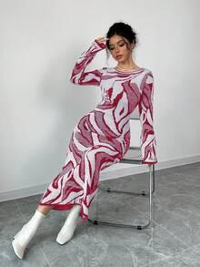 Elenzga Women's Contrast Color Pattern Flare Sleeve Fitted Knit Dress - Burgundy - View 6
