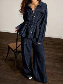 Easelle Women's Fashionable Button-Down Denim Jacket, Belted Waist Denim Top Set Paired With Trousers In Washed Blue And Dark Blue. - Dark Wash - View 10