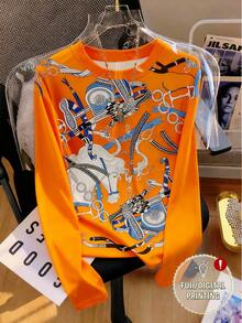 Franclia 女士圆领橙色链条印花个性化动物休闲长袖T恤 - 橘色 - 查看 3