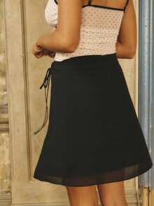 Aralina Fall / Spring Black Chiffon Flowy Stockholm Style Drawstring Cinching Waistband A Line Midi Skirt Perfect For New Years And Teachers Office And Graduation - Black - View 4