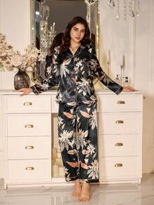 LuxeNights 植物印花仿丝绸翻领长袖上衣和裤子睡衣套装，女士秋冬服装