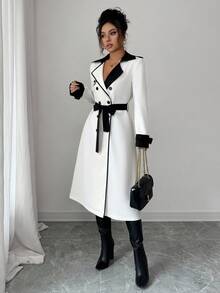 SHEIN PETITE 女士撞色领设计双排扣收腰优雅休闲通勤时尚法式风衣，奶油白与杏色拼接，长袖，秋冬款 - 彩色 - 查看 5