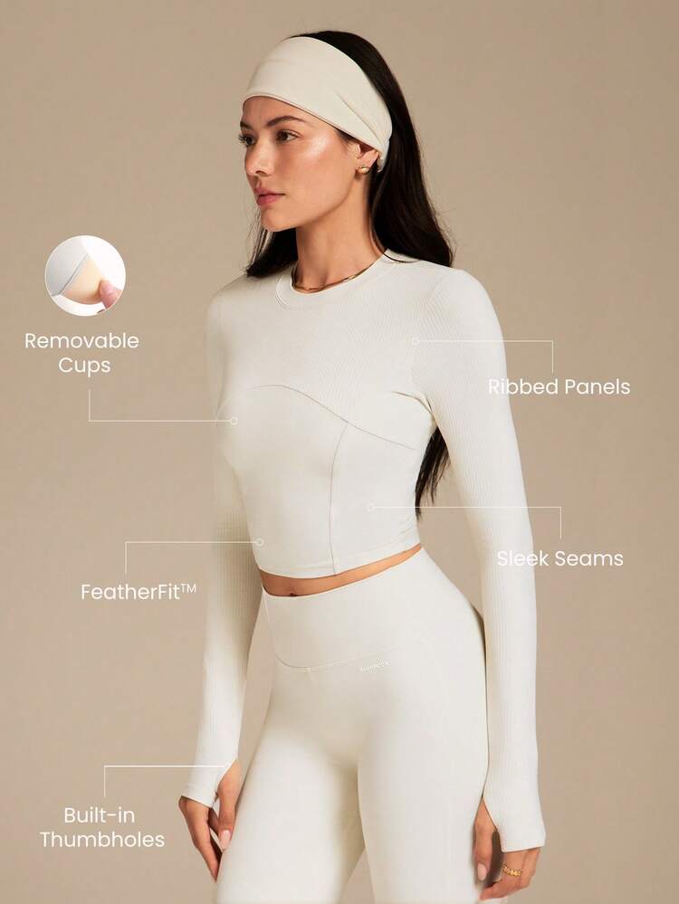 FeatherFit™ ソフトで伸縮性のあるリブ編みシームディバイディングデザイン長袖Tシャツ、低インパクトヨガ、ピラティススタジオ、デイリーカジュアルウェア、取り外し可能なカップ付き