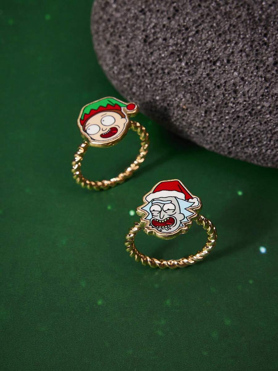 Rick and Morty X SHEIN 时尚女士流行卡通元素锌合金戒指套装 - 金色 - 查看 1