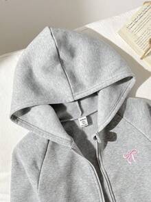 SHEIN 青少年女孩休閒街頭風針織運動外套，輕量灰色附蝴蝶結刺繡，拉鍊口袋，適合秋冬、週末、休閒出遊、返校 - 灰色 - 查看 7