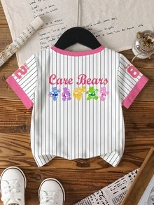 SHEIN X Care Bears 小女孩卡通字母数字图案短袖休闲T恤，舒适白色条纹运动衫，小码 - 白色 - 查看 2