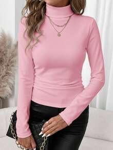 SHEIN Clasi 女士休闲高领紧身长袖T恤，粉色，秋冬季百搭单品 - 淺粉色 - 查看 4