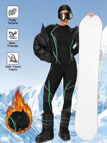 Seamluxe SHEIN Sport 女士撞色运动滑雪服套装，紧身保暖内衣滑雪服 - 黑色 - 查看 1