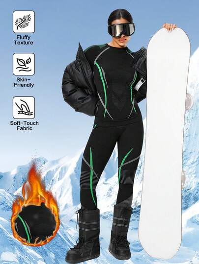 Seamluxe SHEIN Sport Women's Contrast Color Sports Ski Wear Set, Tight Fit Underwear