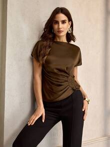 ZEYLAH Women's Silk Bat Sleeve Blouse With Waist Ruching, Elegant And Versatile - Brown - View 6