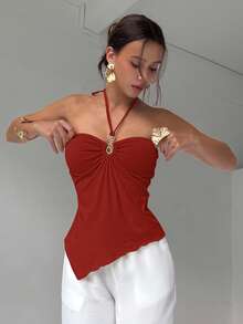 Aloruh 女士纯色简约休闲露背吊带背心 - 紅色 - 查看 4