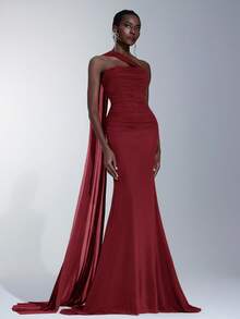 Elitara Burgundy,Spring,Elegant,Formal,Evening,Prom Strapless High Stretch Glossy Mesh Ruched Fishtail Oblique Shoulder Hanging Chiffon Bridesmaid Dress - Red - View 5