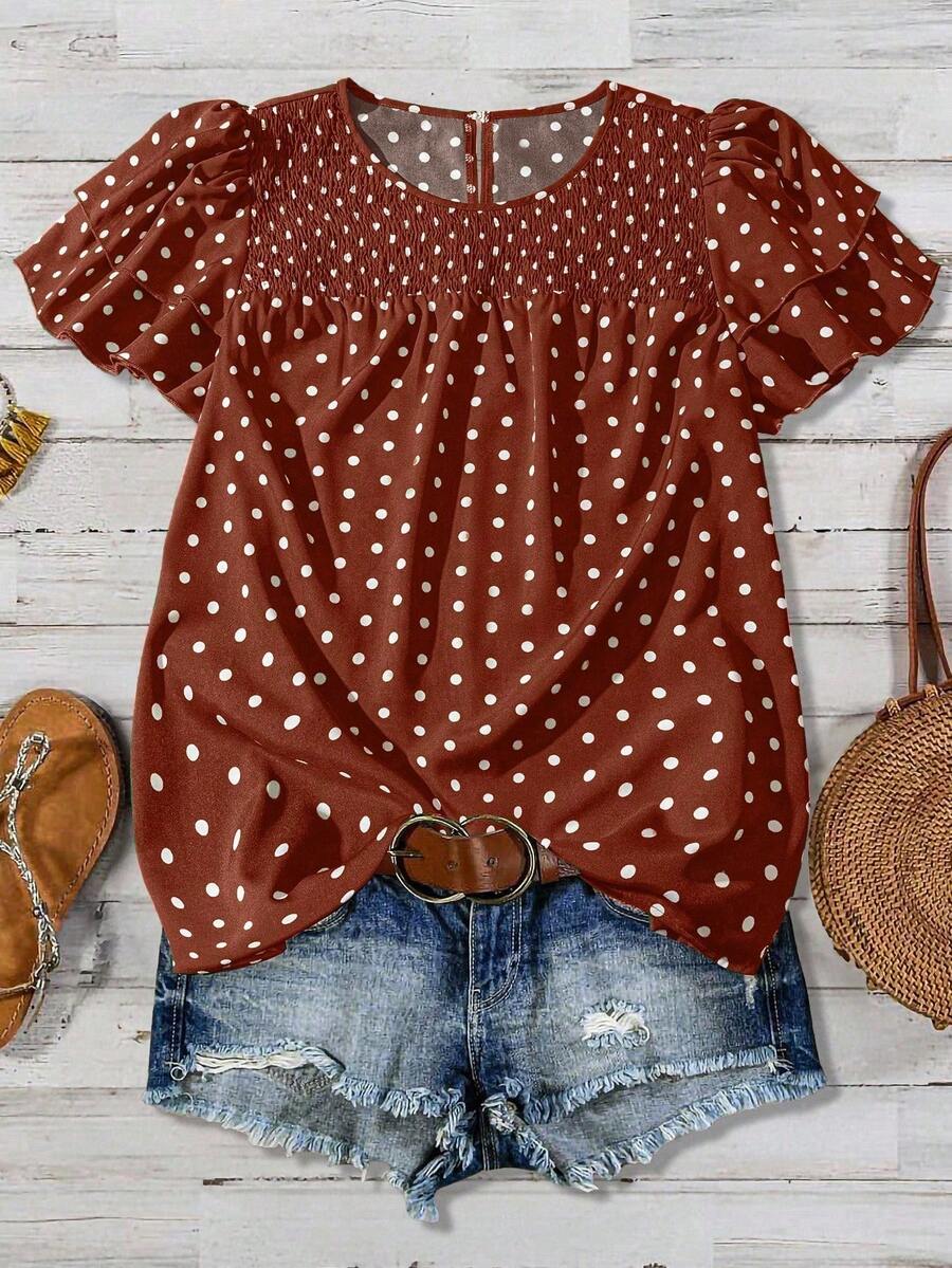 EMERY ROSE Plus Size Women's Polka Dot Ruched Double Layer Sleeve Casual Everyday Blouse - Brown - View 1