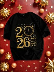 Manfinity Homme 男士休闲2026新年图案印花圆领短袖T恤 - 黑色 - 查看 5