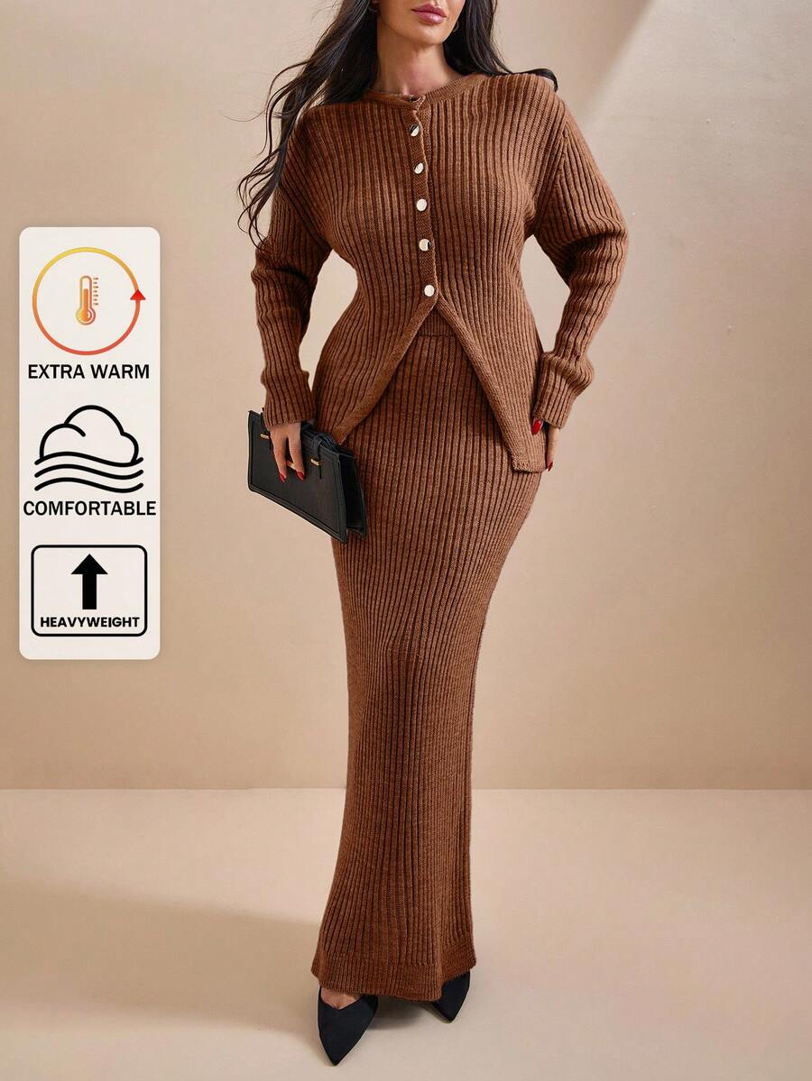 EURMUSE Conjunto de cardigan y falda de punto acanalado con botones delanteros de unicolor para mujer - Marrón - Ver 1