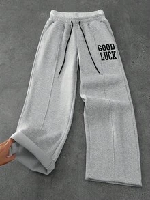 Manfinity EMRG 1pc Men's Sweatpants With GOOD LUCK Print,Loose Fit Elastic Waistband Joggers,Dark Grey,Summer,Streat Wear,Gym Casual Couple Matching Pants For Men - Light Grey - View 3
