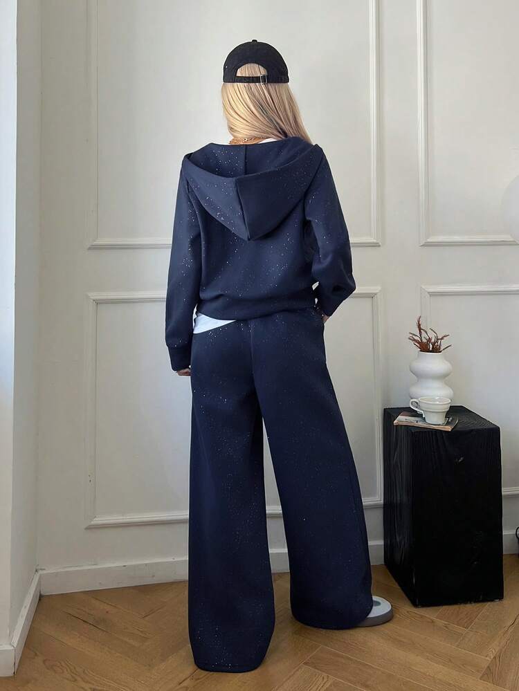 Women's Casual Hooded Sweatshirt Sweatshirt And Wide Leg Pants 2 Pieces Set, Autumn Lounge Sets For Women