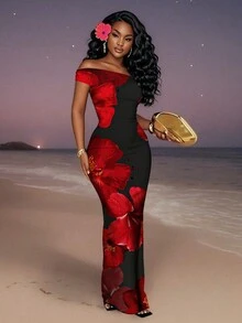 Slaydiva 2025 Summer/Autumn New Women's Elegant Floral Print Asymmetric Hem Bodycon Dress, Vacation/Beach Holiday Outfit - Multicolor - View 1