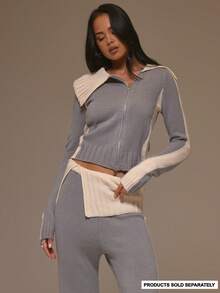 MUSERA Gestrickter Kontrast Figurbetonter asymmetrischer Reißverschluss Kragen Detail Cardigan Top, Cool Girl, Streetstyle, Süß, Herbst, Winter, Neujahr