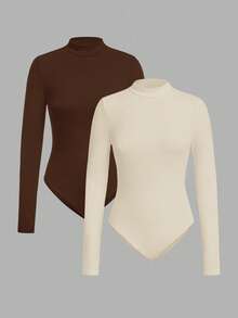SHEIN EZwear Women's Solid Color Stand Collar Fitted Long Sleeve Bodysuit,Fall,Fall Clothes For Women Turtle Neck Women Brown Bodysuit Bodysuits For Women Long Sleeve High Neck Tops