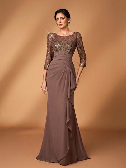 Serin Elegant Luxurious Pearl & Sequin Floral Sheer Long Sleeve Ruffle Hem Fishtail Dress, Suitable For Weddings, Parties, Vacations, Galas, Bridal Shower, Mother Of The Bride Formal Gown