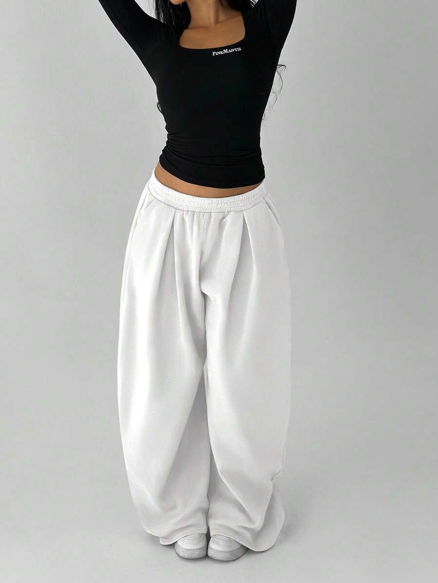 FavEase Women's Fleece Elastic Waist Solid Color Pleated Casual Sweatpants - White - View 1