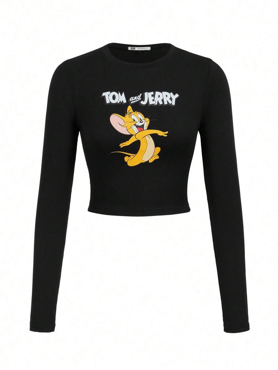 TOM & JERRY X SHEIN Camiseta ajustada de manga larga con impresión de dibujos animados y letras, camiseta gráfica para mujer, informal
