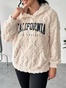 Solflare Plus Size Women Embroidered Letter Pattern Drop Shoulder Drawstring Hooded Pocket Teddy Fleece Sweatshirt, Autumn/Winter