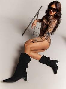 SHUZIA Women's Glamorous Sexy Pointy Toe Kitten Heel Knee-High Boots - Black - View 4