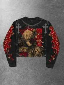 ROMWE MEN Men's Anime Girl Graphic Long Sleeve Sweatshirt, Fall - Black - View 1