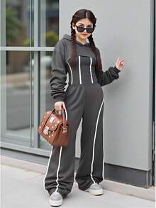 Sparklyn Teen Girl Casual Fashion American Style Cropped Hoodie Sweatshirt Paired With Contrast Trim Knit Fabric Tank Top And Loose Fit Knit Fabric Pants, Comfortable For Everyday Wear, Suitable For Spring And Autumn, Suitable For Commuting, Outing, Party, Photo Shooting, Shopping