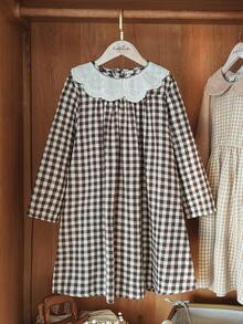 Vintaside Kids 女童格子保暖连衣裙，乡村风格，适合春、秋、冬过渡季节，时尚、优雅、可爱 - 棕色 - 查看 5