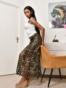 Mima John Váy ren thắt nút thanh lịch thêu kim tuyến vàng, thích hợp cho mùa hè, bãi biển, lễ hội, ngày lễ - màu đen - Xem 5