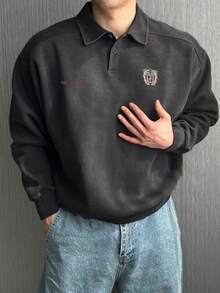 DAZY 男士字母刺绣水洗复古深灰色 Polo 领街头风套头卫衣，秋冬款 - 灰色 - 查看 3