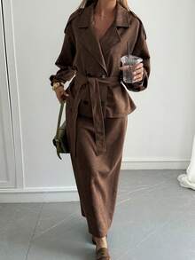 Livesso Women's Vintage Double-Breasted Jacket And Skirt 2 Pieces Set, Autumn Lounge Sets For Women - Coffee Brown - View 4