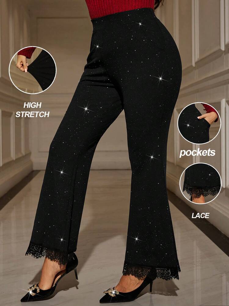 Plus Size Women's Elegant Party Casual Black Sparkly Casual Shiny Pocket Flare Pants, Autumn/Winter,Going Out,2025 New,Simple And Fashionable For Everyday Wear, Plus Size Winter,Comfortable And Breathable,Christmas For Women ,New Year,Thanksgiving For Women,Date Night Women