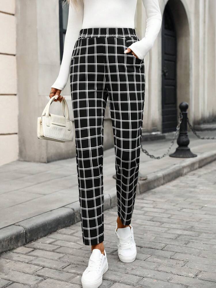 Pantalon droit décontracté à taille haute avec poches, motif à carreaux
