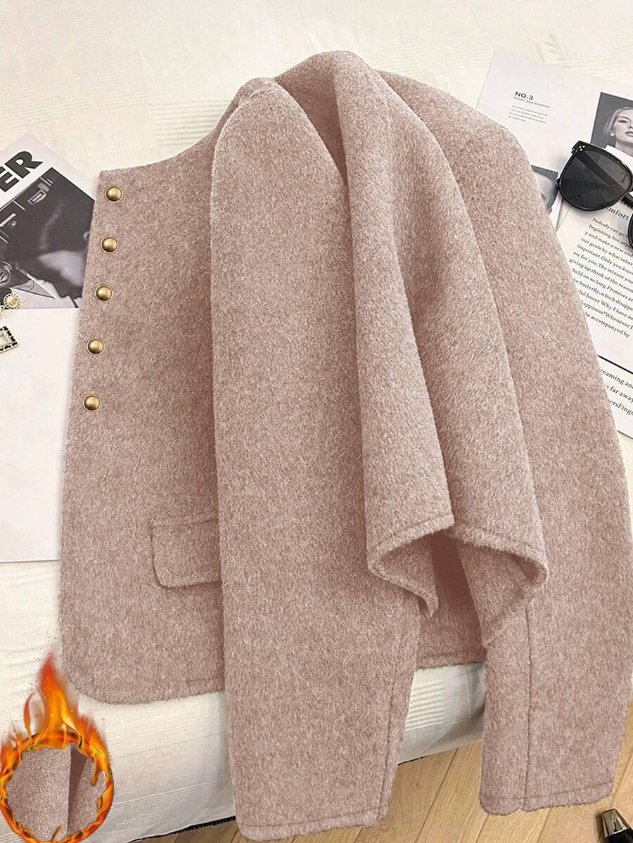 Franclia 时尚法式优雅短款棕色圆领长袖女士大衣，秋冬 - 粉色 - 查看 1