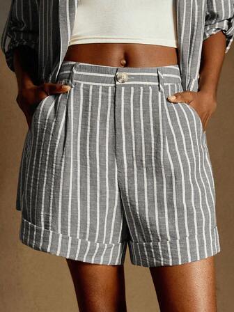 Écloséra Dam Retro Minimalistisk Pendlare Casual Bekväma Linne Randiga Ljusbruna Plisserade Shorts med Hög Midja och Ficka Nedanför, Dambyxor i Linne