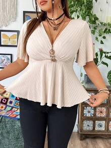 Sunspun Camiseta de talla grande con cuello en V, mangas con volantes y dobladillo corto - Albaricoque - Ver 5