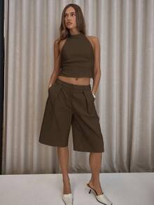 MUSERA Shorts rectos plisados de corte largo, elegantes, sexys, para usar en la calle, salidas nocturnas, fiestas de invierno, Día de San Valentín